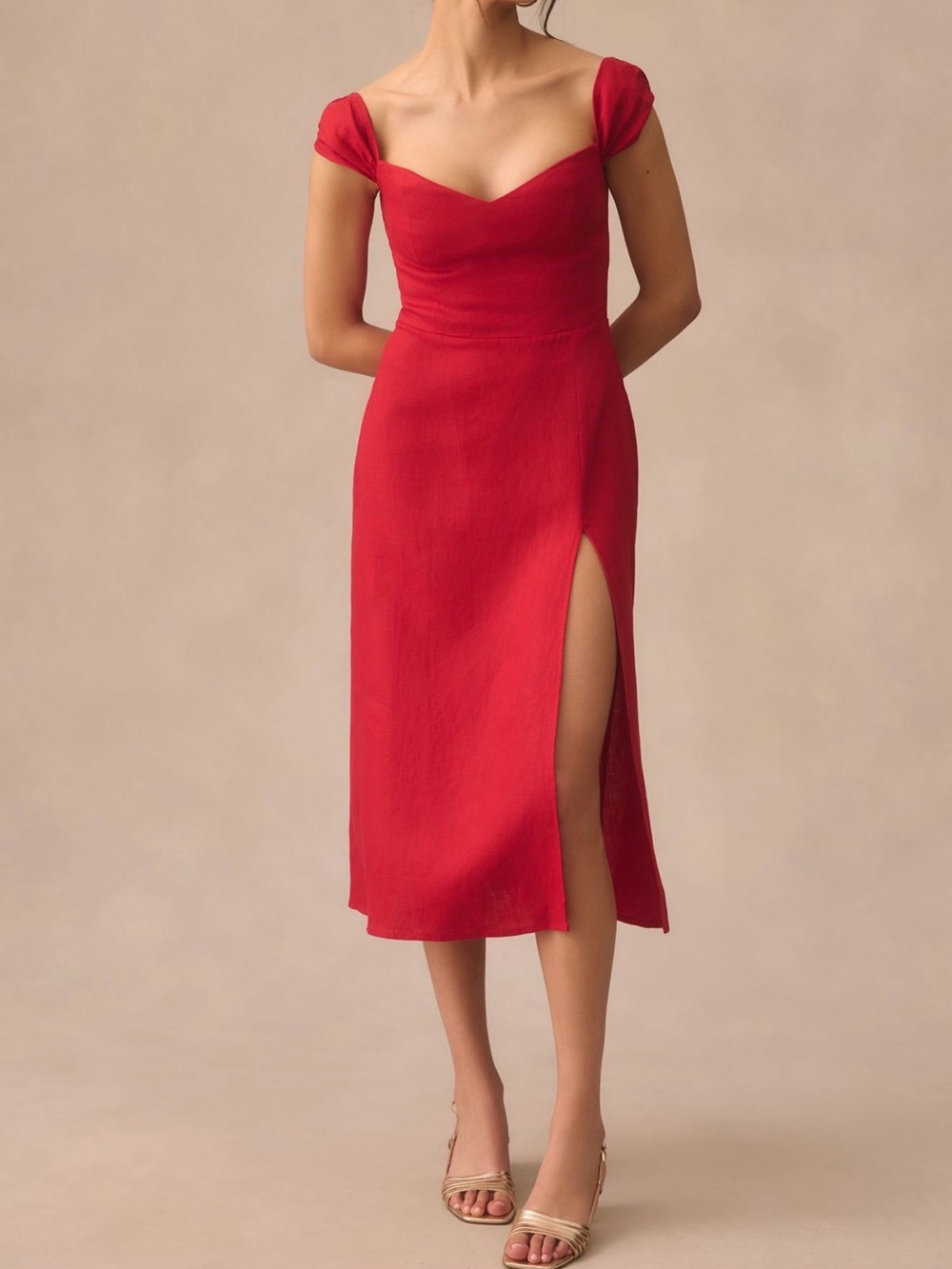 Reformation Red Cap-Sleeve Midi Dress with Side Slit